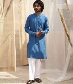Deep blue base floral leaf print kurta set for Men