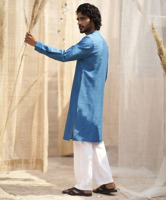 Deep blue base floral leaf print kurta set for Men 2