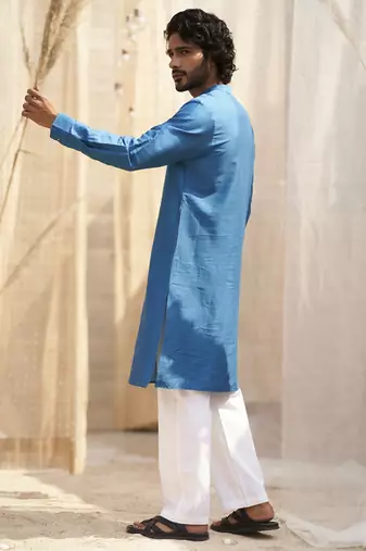 Deep blue base floral leaf print kurta set for Men