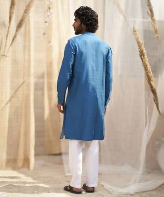 Deep blue base floral leaf print kurta set for Men 3