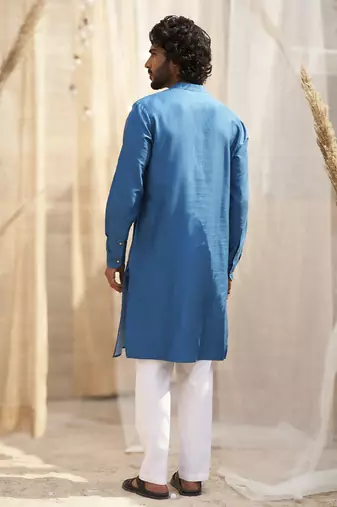 Deep blue base floral leaf print kurta set for Men