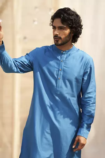 Deep blue base floral leaf print kurta set for Men