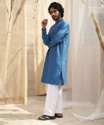 Deep blue base floral leaf print kurta set for Men 5