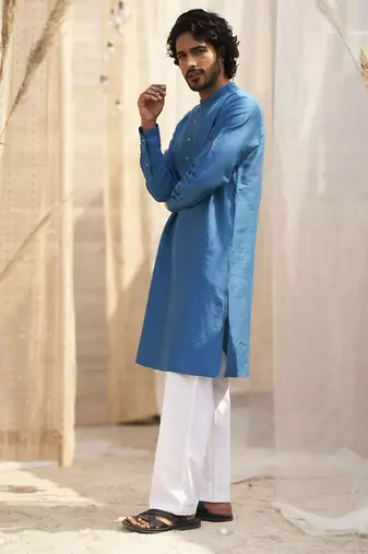 Deep blue base floral leaf print kurta set for Men