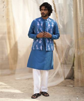 Deep blue base floral leaf print kurta set with jacket for Men 1