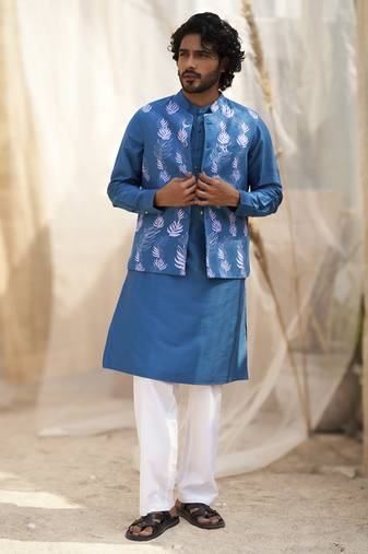 Deep blue base floral leaf print kurta set with jacket for Men