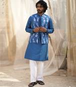 Deep blue base floral leaf print kurta set with jacket for Men