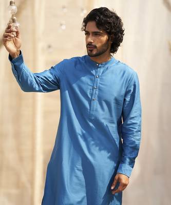 Deep blue base floral leaf print kurta set with jacket for Men 2