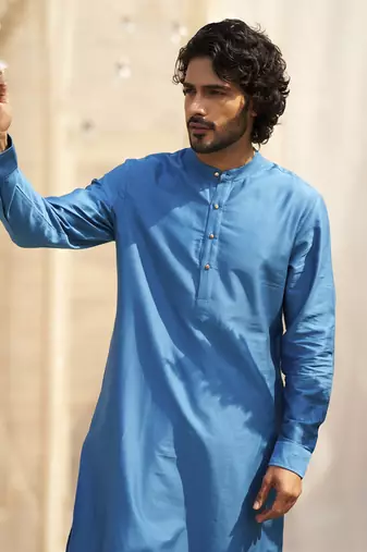 Deep blue base floral leaf print kurta set with jacket for Men