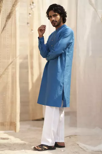 Deep blue base floral leaf print kurta set with jacket for Men