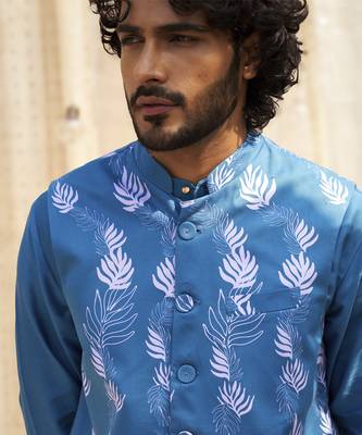 Deep blue base floral leaf print kurta set with jacket for Men 4