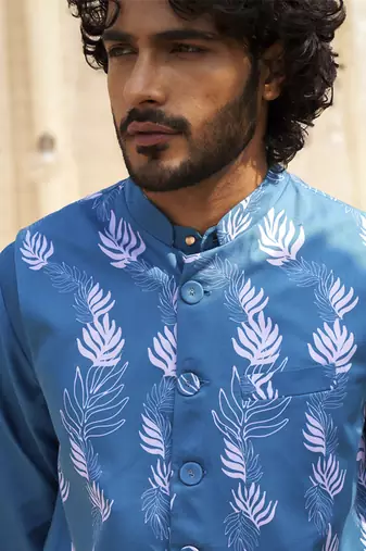 Deep blue base floral leaf print kurta set with jacket for Men