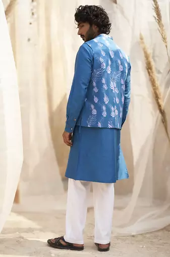 Deep blue base floral leaf print kurta set with jacket for Men