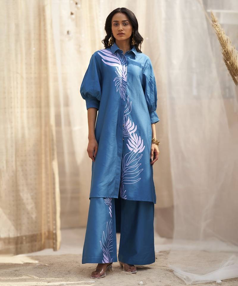 Deep blue base floral leaf print co ord set