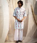 Light blue base floral leaf print kurta set for Men