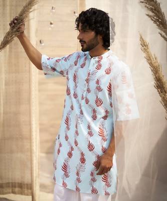 Light blue base floral leaf print kurta set for Men 2