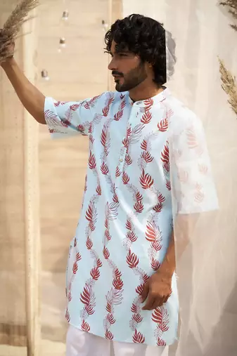 Light blue base floral leaf print kurta set for Men