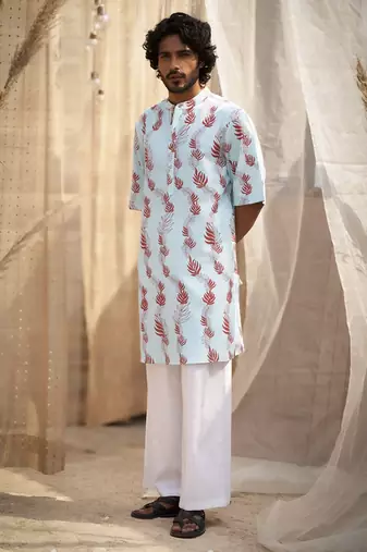 Light blue base floral leaf print kurta set for Men