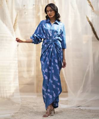 Deep blue base floral leaf print skirt dress 1