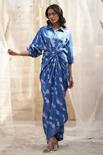 Deep blue base floral leaf print skirt dress