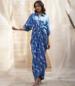 Deep blue base floral leaf print skirt dress