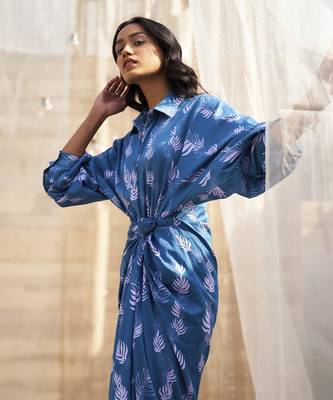 Deep blue base floral leaf print skirt dress 2