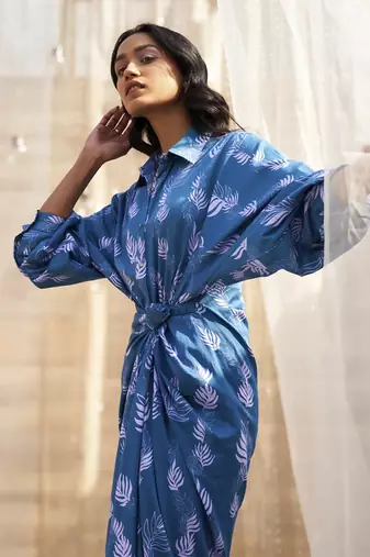 Deep blue base floral leaf print skirt dress