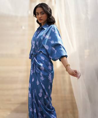 Deep blue base floral leaf print skirt dress 3