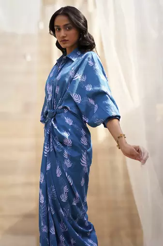 Deep blue base floral leaf print skirt dress