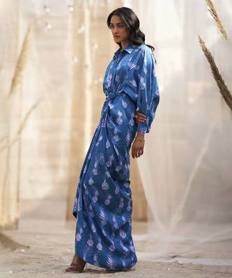 Deep blue base floral leaf print skirt dress 4
