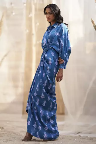 Deep blue base floral leaf print skirt dress