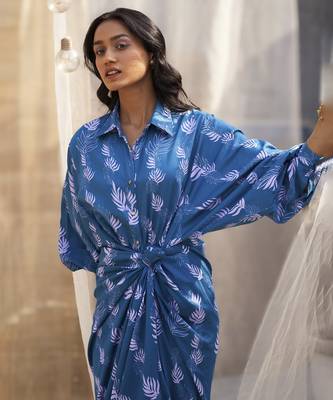 Deep blue base floral leaf print skirt dress 5