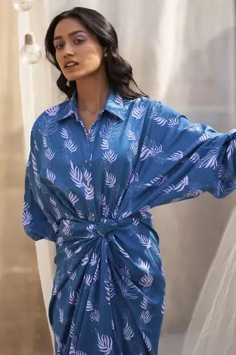 Deep blue base floral leaf print skirt dress