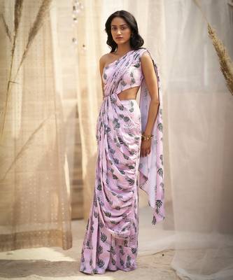 Pink base floral leaf print drape saree dress 1