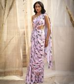 Pink base floral leaf print drape saree dress