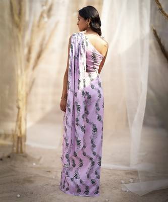 Pink base floral leaf print drape saree dress 2