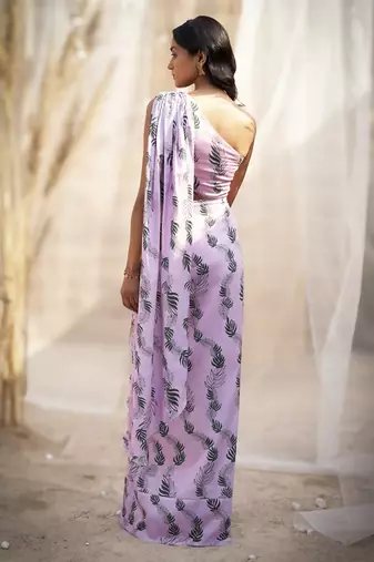 Pink base floral leaf print drape saree dress