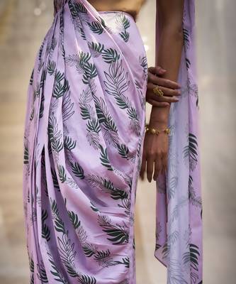 Pink base floral leaf print drape saree dress 4