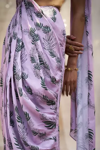 Pink base floral leaf print drape saree dress