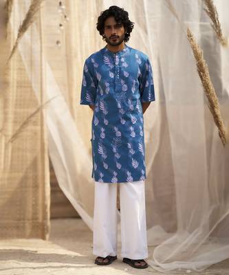 Deep blue base floral leaf print kurta set for Men 1