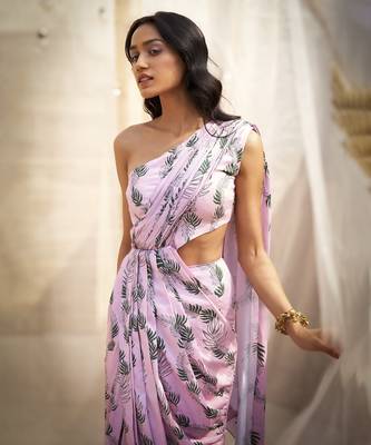 Pink base floral leaf print drape saree dress 5