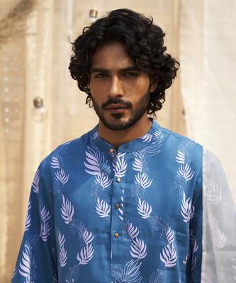 Deep blue base floral leaf print kurta set for Men 2