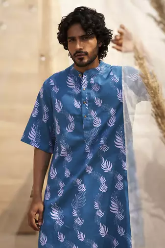 Deep blue base floral leaf print kurta set for Men