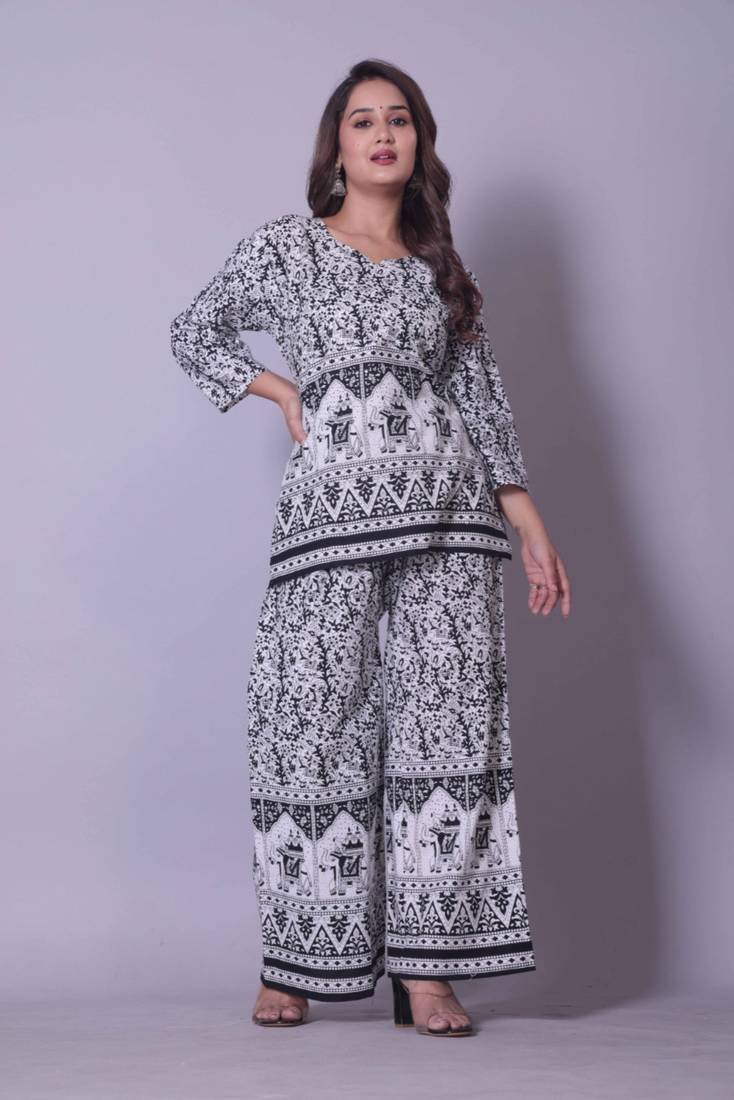 Black And White Color Jaipuri Printed Cotton Top And Plazo Pair(Co-Ord Set)