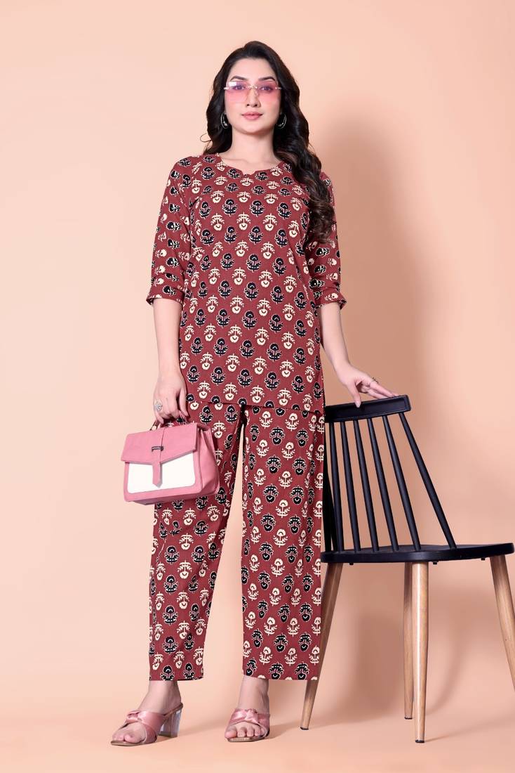 Maroon Color Printed Cotton Top And Pant Pair(Co-Ord Set)