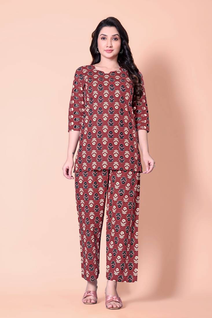 Maroon Color Printed Cotton Top And Pant Pair(Co-Ord Set)