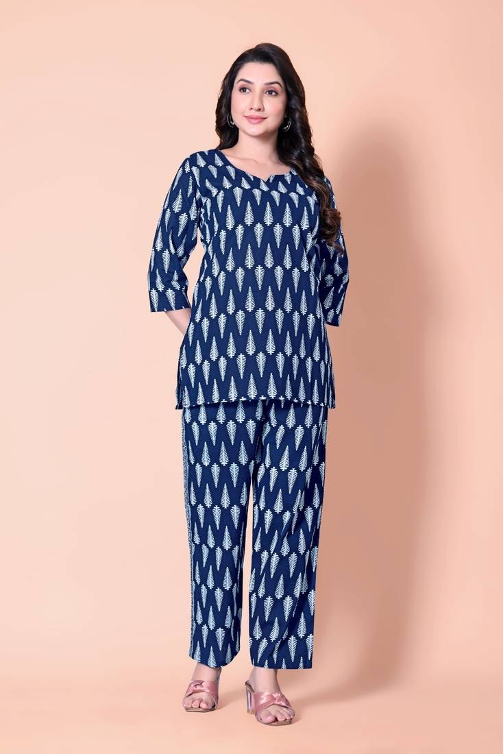 Navy Blue Color Printed Cotton Top And Pant Pair(Co-Ord Set)