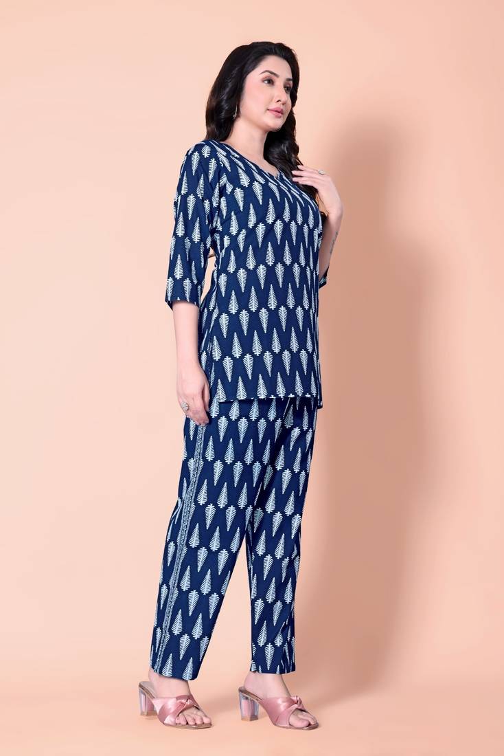 Navy Blue Color Printed Cotton Top And Pant Pair(Co-Ord Set)