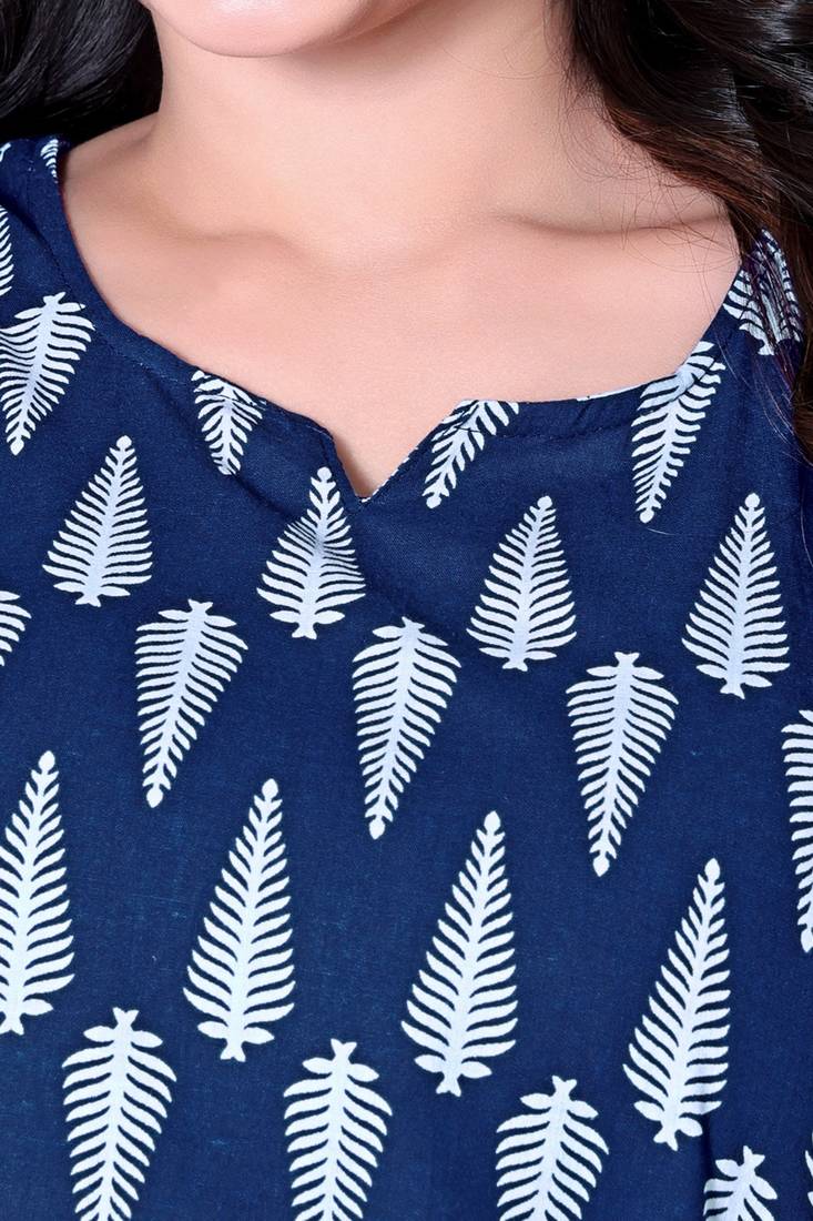 Navy Blue Color Printed Cotton Top And Pant Pair(Co-Ord Set)