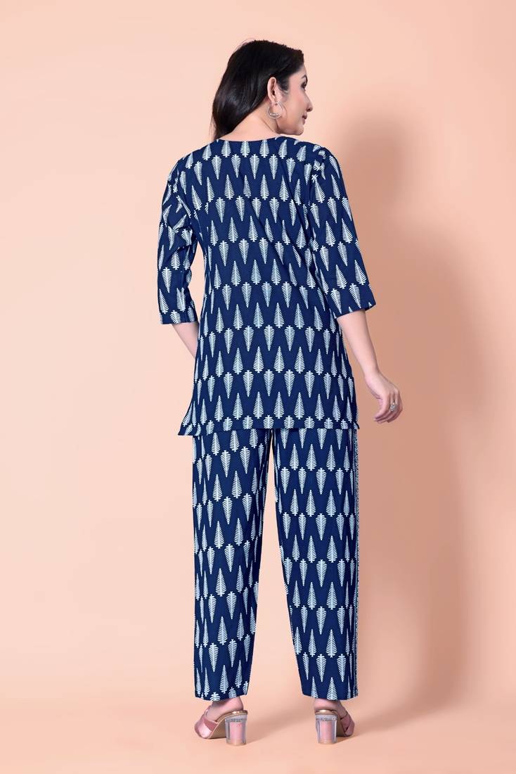 Navy Blue Color Printed Cotton Top And Pant Pair(Co-Ord Set)